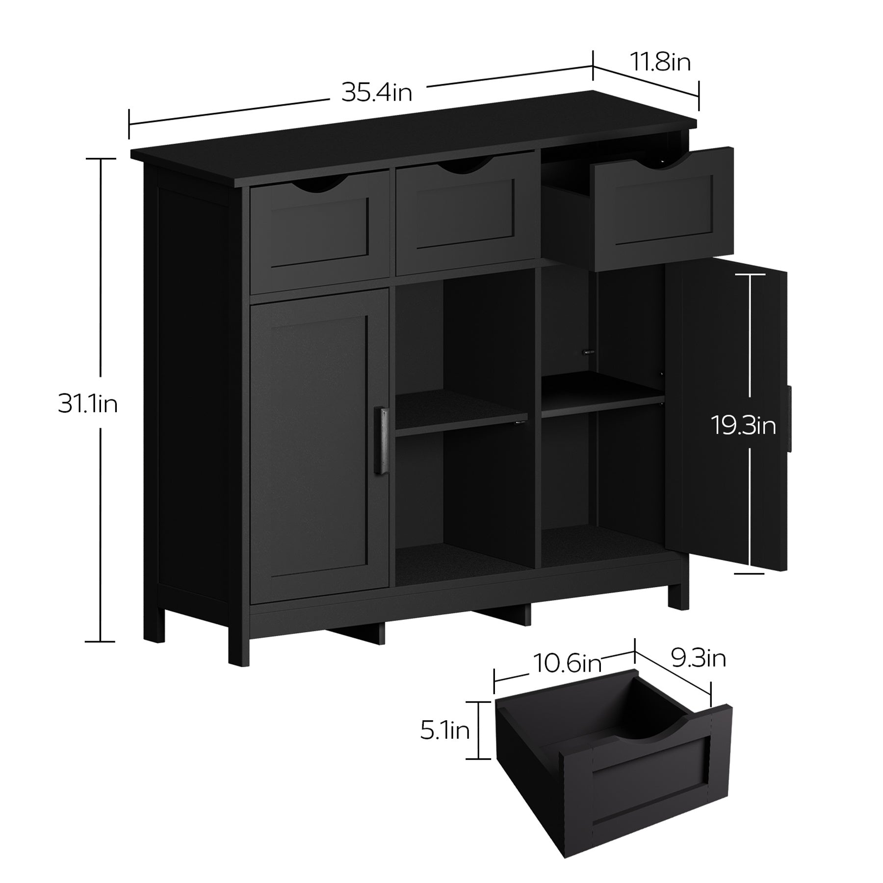 35" Double Doors Storage Cabinet with Open Shelf Drawers