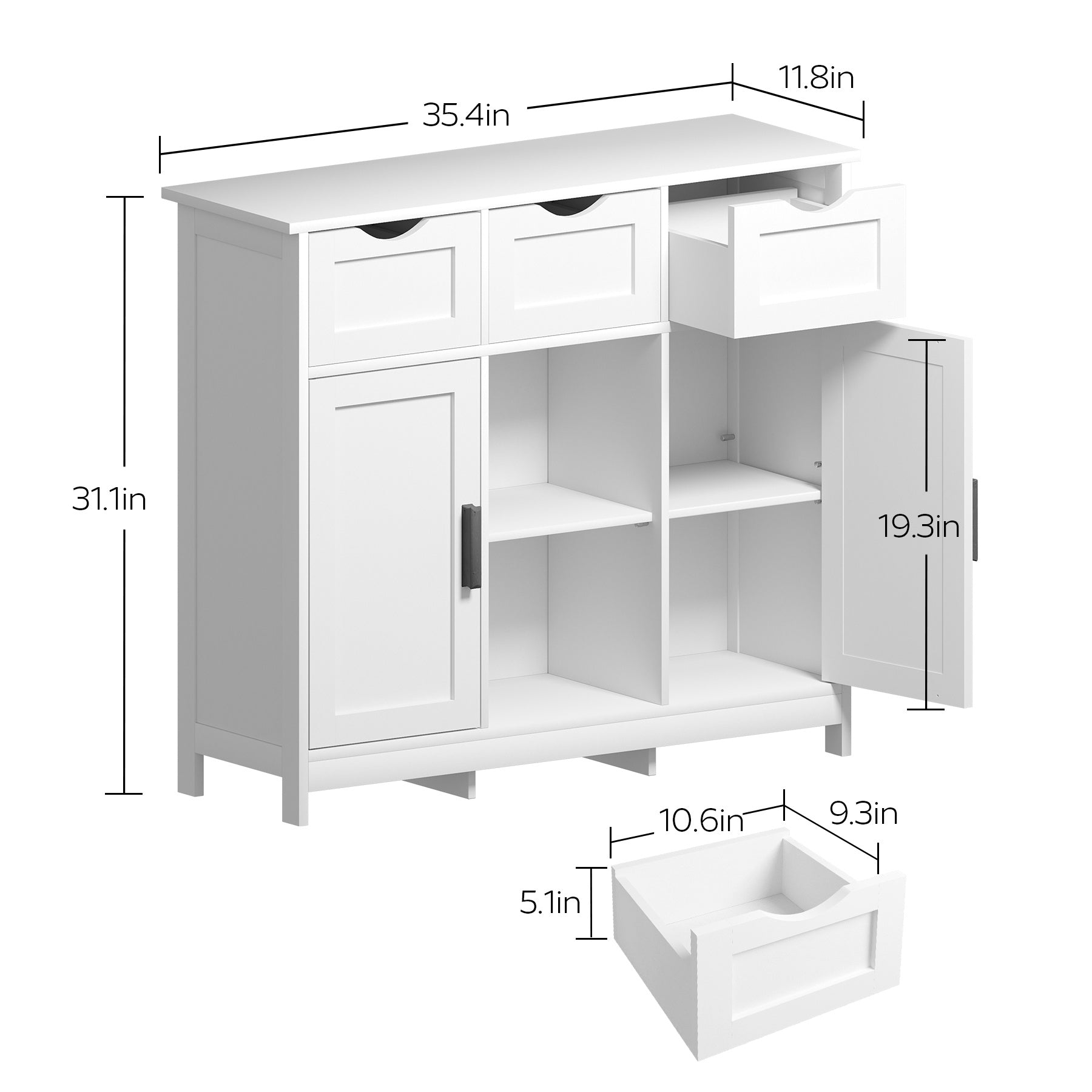3 Drawers Open Shelf White Cabinets & Shelves