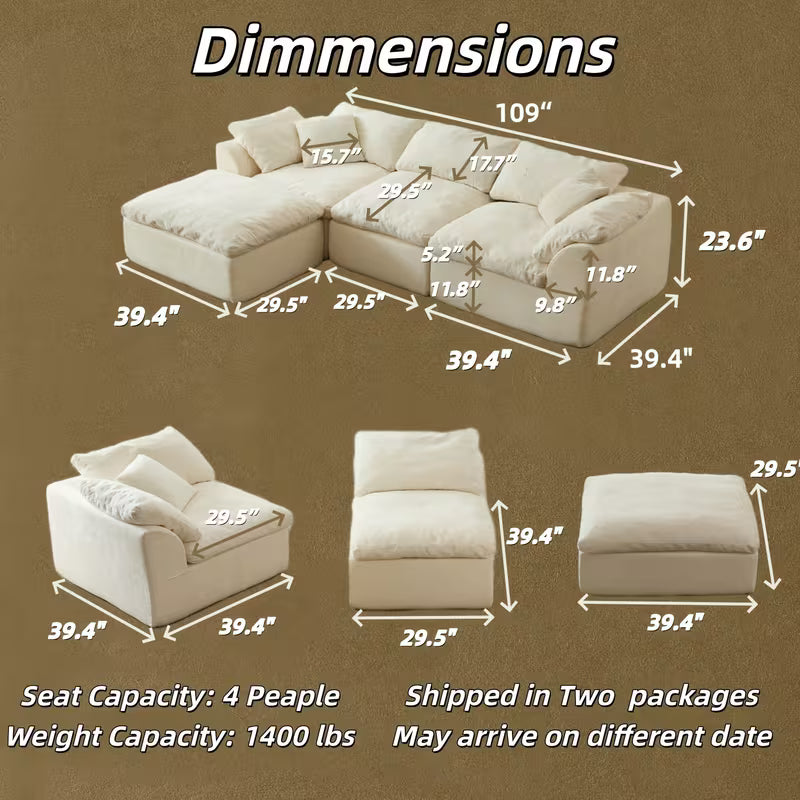 109" Modern Cloud Convertible L-Shape Couches with Ottoman
