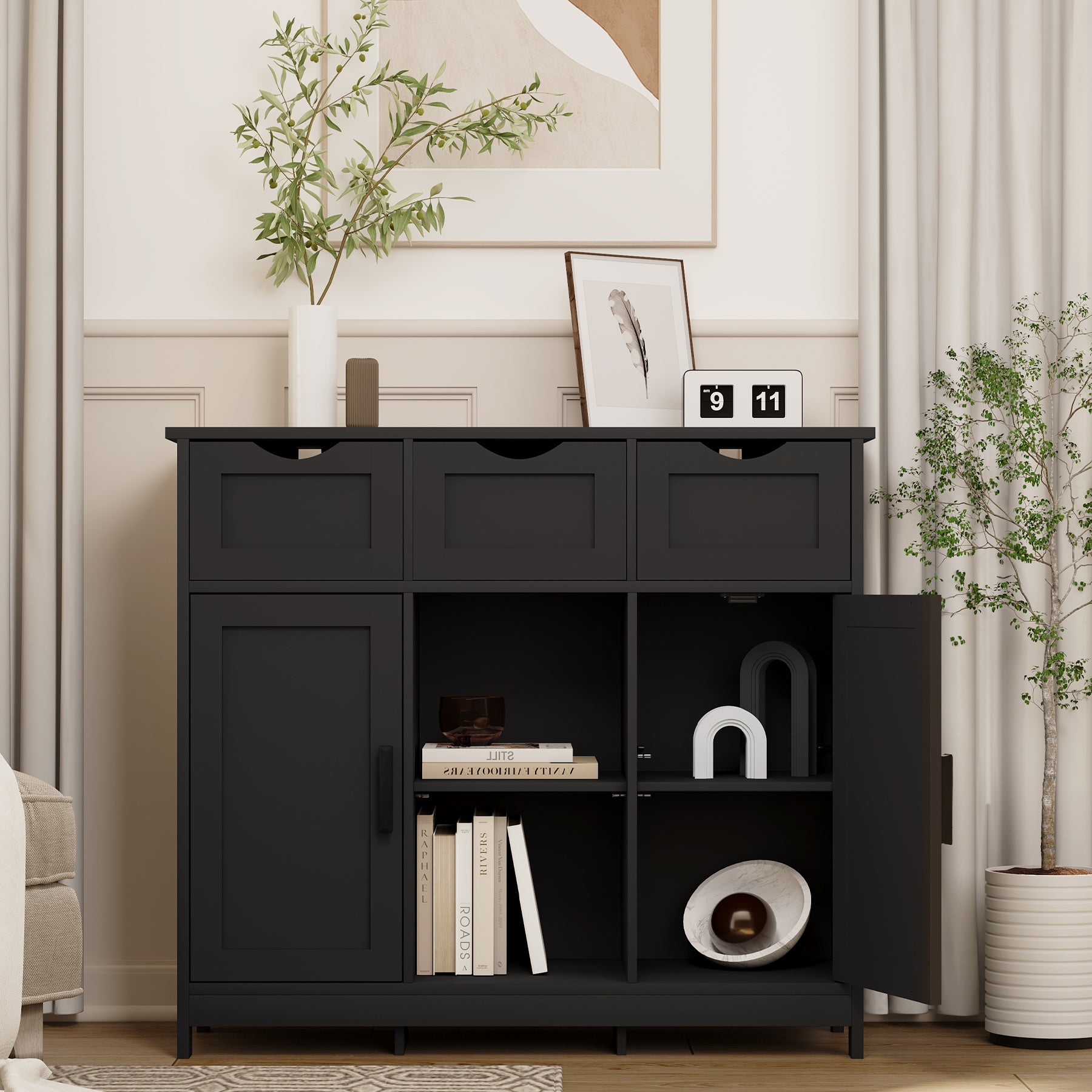 35" Double Doors Storage Cabinet with Open Shelf Drawers