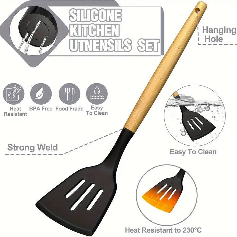 19pcs Silicone Kitchen Utensil Set With Wooden Handles