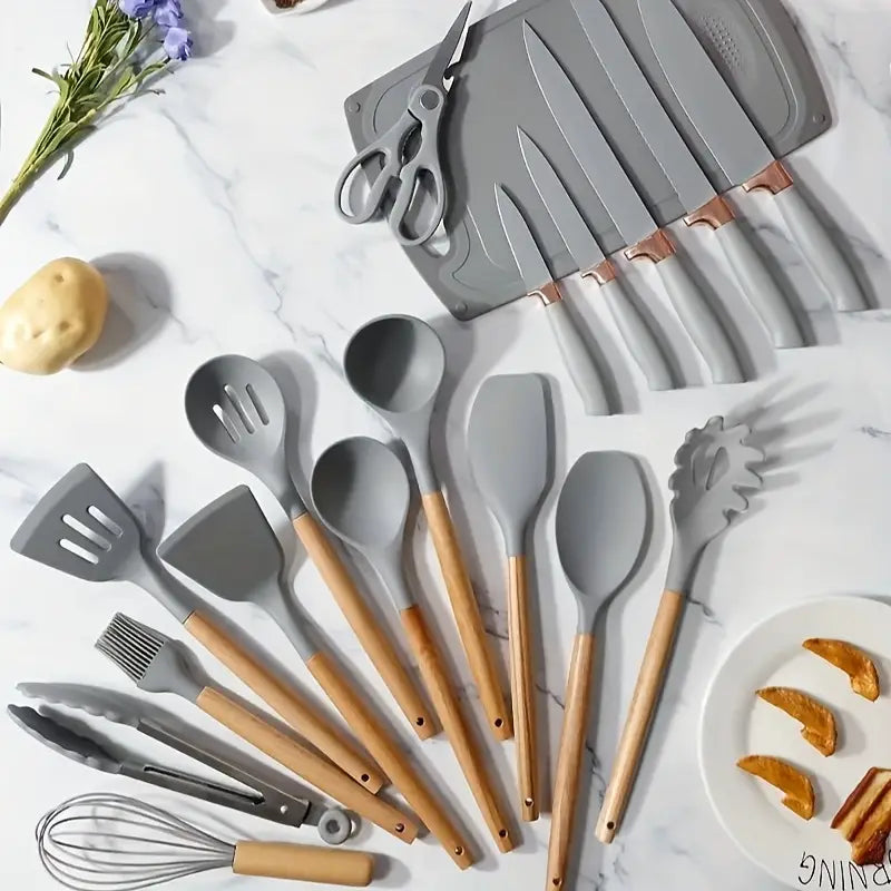 19pcs Silicone Kitchen Utensil Set With Wooden Handles