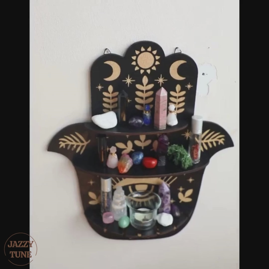 Hamsa Evil Eye Crystal Display Wall Mount Shelf with Light