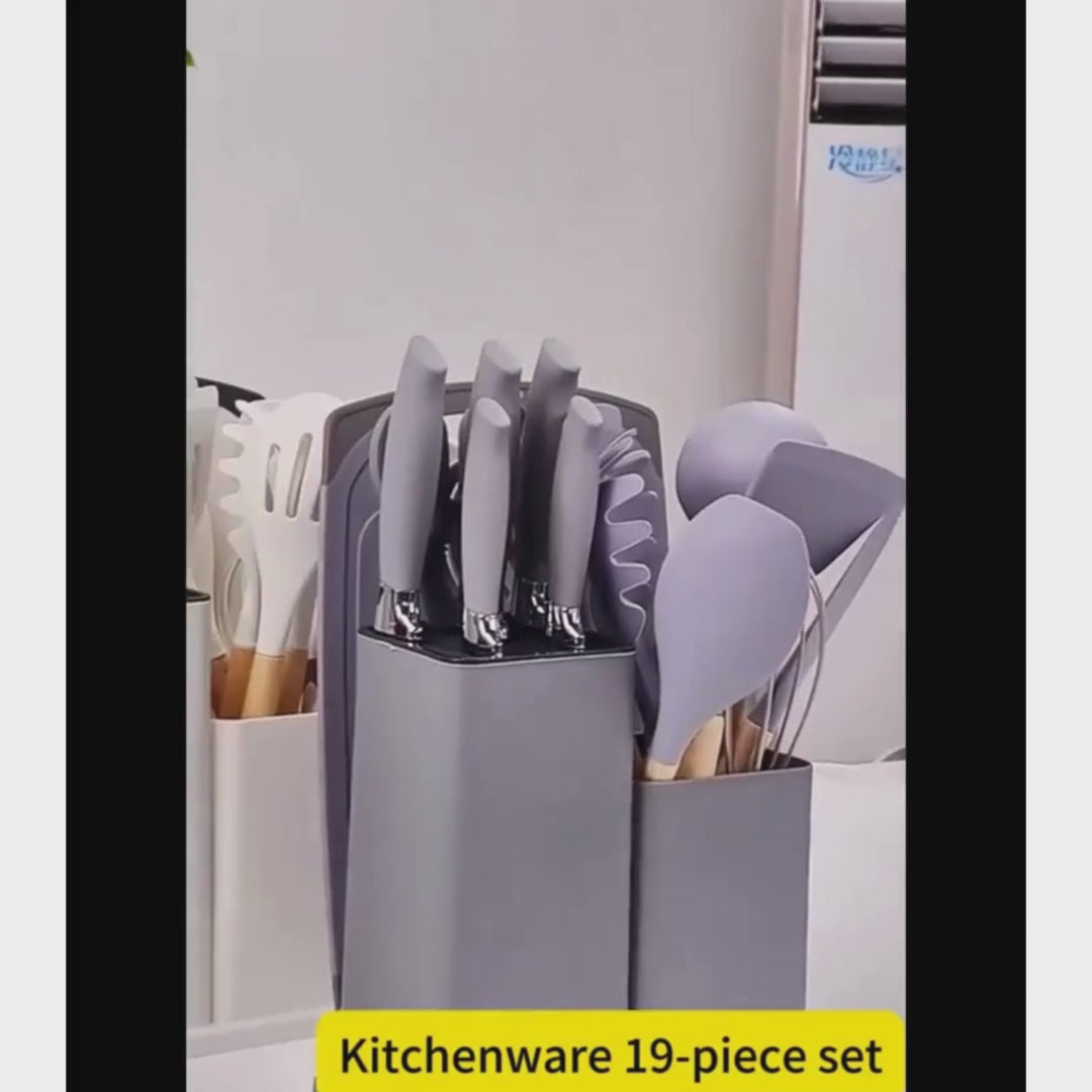 19pcs Silicone Kitchen Utensil Set With Wooden Handles